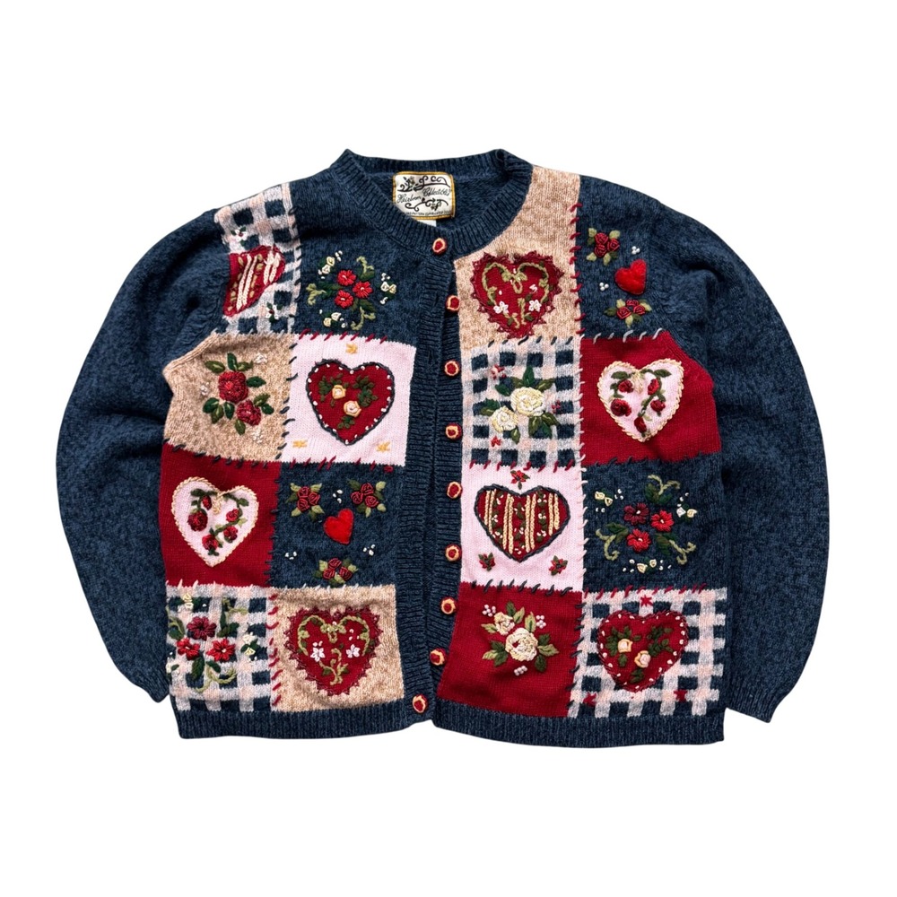 Vintage Heirloom Collectibles Heart Floral Patchwork Cardigan Sweater Grandma